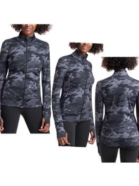 Lole gray camo full zip up jacket zipper pockets thumb holes Sz M NWOT